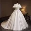 Vintage / Retro Ivory Satin Appliques Wedding Dresses 2025 Ball Gown V-Neck Puffy Short Sleeve Backless Court Train