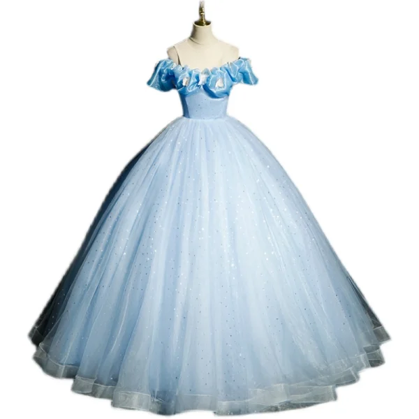Elegant Sky Blue Lace Butterfly Prom Dresses 2023 Ball Gown Scoop Neck Ruffle Short Sleeve Backless Sequins Floor-Length / Long Prom Formal Dresses