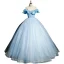 Elegant Sky Blue Lace Butterfly Prom Dresses 2023 Ball Gown Scoop Neck Ruffle Short Sleeve Backless Sequins Floor-Length / Long Prom Formal Dresses