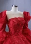 Vintage / Retro High-end Red Beading Lace Flower Appliques Cascading Ruffles Wedding Dresses 2024 Ball Gown Scoop Neck 3/4 Sleeve Backless Chapel Train