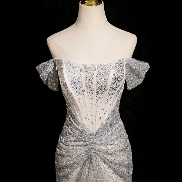 Charming Sparkly Silver Handmade Beading Sequins Evening Dresses 2025 Trumpet / Mermaid Off-The-Shoulder Short Sleeve Backless Floor-Length / Long Evening Party Formal Dresses