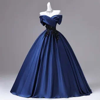 Vintage Originale Bleu Marine Perlage Paillettes En Dentelle Fleur Robe De Bal 2026 Robe Boule De L Épaule Manches Courtes Dos Nu Longue Robe De Ceremonie