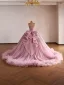 Luxe Bling Bling Rose Sombre Glitter Perlage Paillettes Robe De Bal 2026 Robe Boule Bustier Sans Manches Dos Nu Noeud Tribunal Train Robe De Ceremonie