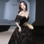 Charming Black Gold Beading Pearl Sequins Prom Dresses 2024 Ball Gown Off-The-Shoulder Short Sleeve Backless Floor-Length / Long Prom Formal Dresses