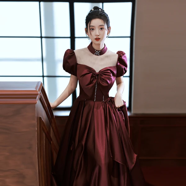 Elegant Burgundy Prom Dresses 2022 A-Line / Princess High Neck Puffy Short Sleeve Bow Rhinestone Floor-Length / Long Formal Dresses