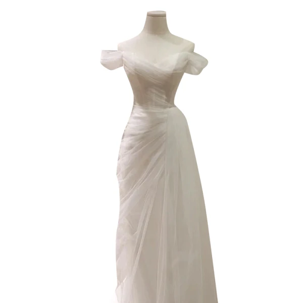 Schlicht Weiß Leichtes Brautkleider / Hochzeitskleider 2023 Meerjungfrau Off Shoulder Kurze Ärmel Rückenfreies Sweep / Pinsel Zug Hochzeit