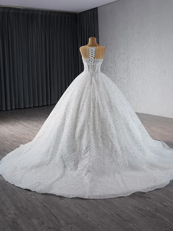 High-end White Handmade  Beading Sequins Wedding Dresses 2024 Ball Gown Scoop Neck Sleeveless Court Train Wedding