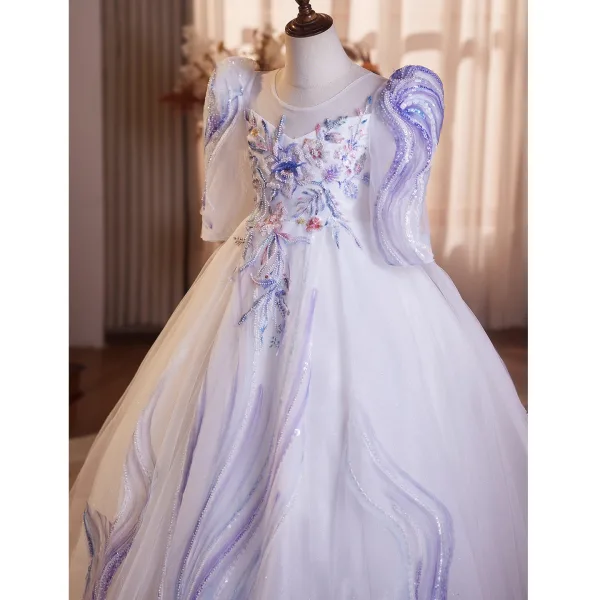 Chic / Belle Lavande Perlage En Dentelle Fleur Anniversaire Robe Ceremonie Fille 2025 Robe Boule Encolure Dégagée 3/4 Manches Dos Nu Longue Tulle