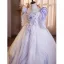 Chic / Belle Lavande Perlage En Dentelle Fleur Anniversaire Robe Ceremonie Fille 2025 Robe Boule Encolure Dégagée 3/4 Manches Dos Nu Longue Tulle