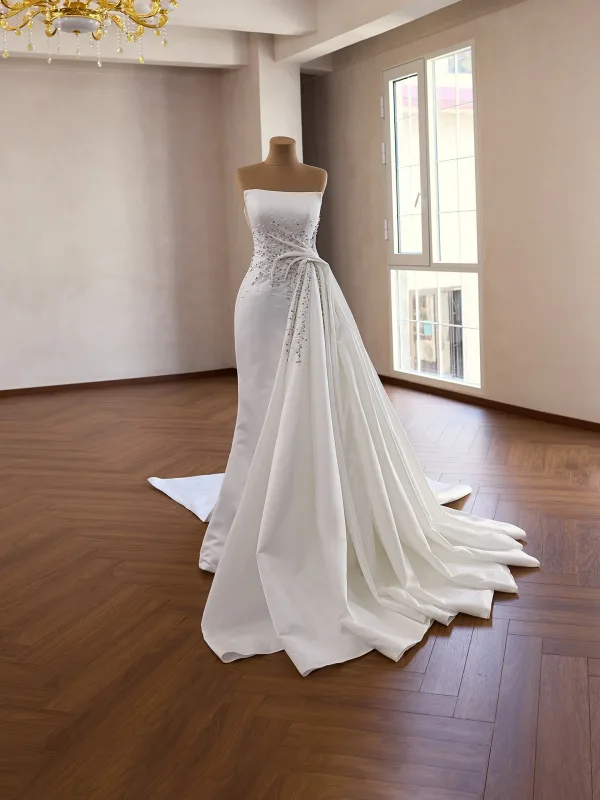 Vintage / Retro High-end White Handmade  Pearl Rhinestone Satin Wedding Dresses 2026 Trumpet / Mermaid Strapless Sleeveless Backless Sweep Train