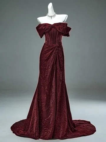 High End Charming Burgundy Trumpet Mermaid Formal Dresses 2025 Off The Shoulder Short Sleeve Backless Sweep Train Evening Dresses