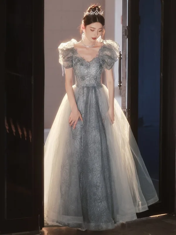 Chic / Beautiful Grey Sequins Prom Dresses 2026 A-Line / Princess V-Neck Puffy Short Sleeve Backless Floor-Length / Long Formal Dresses