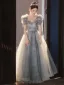 Chic / Beautiful Grey Sequins Prom Dresses 2026 A-Line / Princess V-Neck Puffy Short Sleeve Backless Floor-Length / Long Formal Dresses