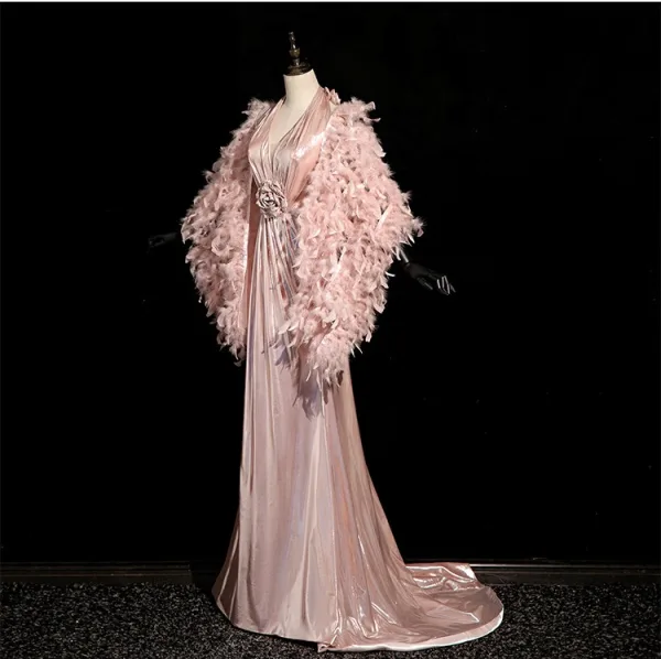 Sexy Rougissant Rose Faux Diamant Plumes Robe De Soirée 2024 Trompette / Sirène Titulaire Sans Manches Dos Nu Train De Balayage Soirée Robe De Ceremonie