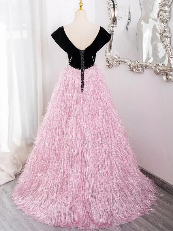 Chic / Beautiful Candy Pink Tassel Prom Dresses 2024 Ball Gown Square Neckline Short Sleeve Backless Floor-Length / Long Prom Formal Dresses