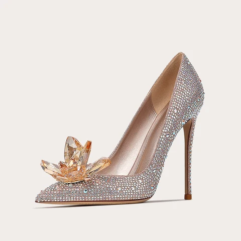 Aschenputtel Glitzernden Champagner Kristall Strass Brautschuhe 2023 Leder 10 cm Stilettos Spitzschuh Hochzeit Pumps Hochhackige