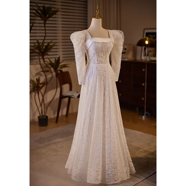 Vintage / Retro Ivory Lace Flower Wedding Dresses 2024 A-Line / Princess Square Neckline Long Sleeve Backless Floor-Length / Long