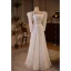 Vintage / Retro Ivory Lace Flower Wedding Dresses 2024 A-Line / Princess Square Neckline Long Sleeve Backless Floor-Length / Long