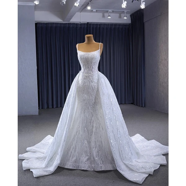 Haut de Gamme Scintillantes Blanche Glitter Perlage Paillettes Robe De Mariée 2023 Trompette / Sirène Bretelles Spaghetti Sans Manches Dos Nu Tribunal Train Mariage