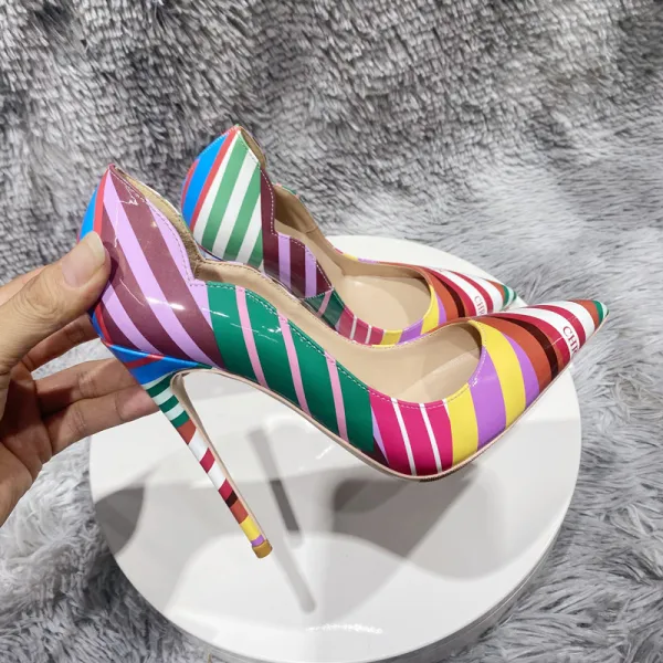 Unusual Multi-Colors Stripe Prom Pumps 2023 Patent Leather 12 cm Stiletto Heels Pointed Toe Pumps High Heels