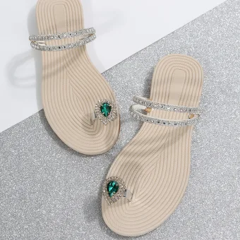Sexy Silver Summer Beach Slipper Flip Flops 2022 Rhinestone Open Peep Toe Flat Womens Sandals