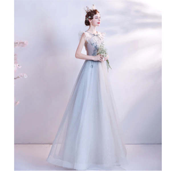 Chic / Beautiful Sky Blue Beading Pearl Rhinestone Prom Dresses 2023 A-Line / Princess Scoop Neck Bow Sleeveless Backless Floor-Length / Long Prom Formal Dresses