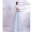 Chic / Beautiful Sky Blue Beading Pearl Rhinestone Prom Dresses 2023 A-Line / Princess Scoop Neck Bow Sleeveless Backless Floor-Length / Long Prom Formal Dresses