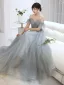 Schlicht Grau Ballkleider 2022 A Linie Off Shoulder Ärmellos Rückenfreies Perlenstickerei Strass Pailletten Lange Ball Festliche Kleider