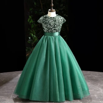 Vintage Retro Dark Green Sequins Birthday Flower Girl Dresses 2024 Ball Gown Scoop Neck Sleeveless Bow Sash Floor Length Long