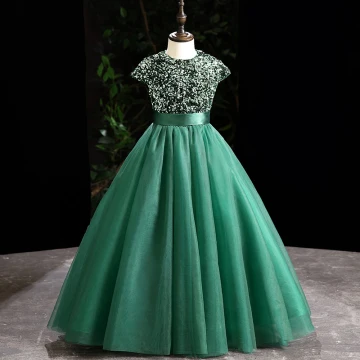 Vintage Retro Dark Green Sequins Birthday Flower Girl Dresses 2024 Ball Gown Scoop Neck Sleeveless Bow Sash Floor Length Long