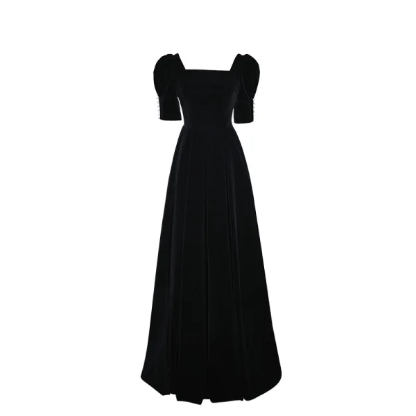 Elegant Black Velvet Prom Dresses 2023 A-Line / Princess Square Neckline Pearl Short Sleeve Backless Formal Dresses Prom Floor-Length / Long