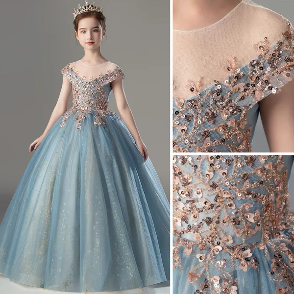 Fashion Sky Blue Beading Sequins Flower Girl Dresses 2022 Birthday Ball Gown Scoop Neck Sleeveless Backless Floor-Length / Long