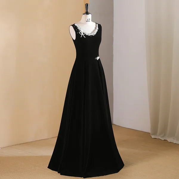 Chic / Beautiful Black Pearl Prom Dresses 2024 A-Line / Princess U-Neck Sleeveless Floor-Length / Long Prom Formal Dresses