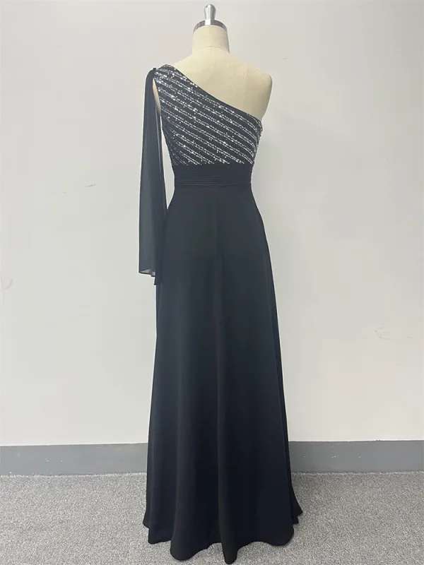Chic / Beautiful Black Sequins Split Front Evening Dresses 2024 A-Line / Princess Zipper Up at Side One-Shoulder Sleeveless Backless Floor-Length / Long Prom Formal Dresses