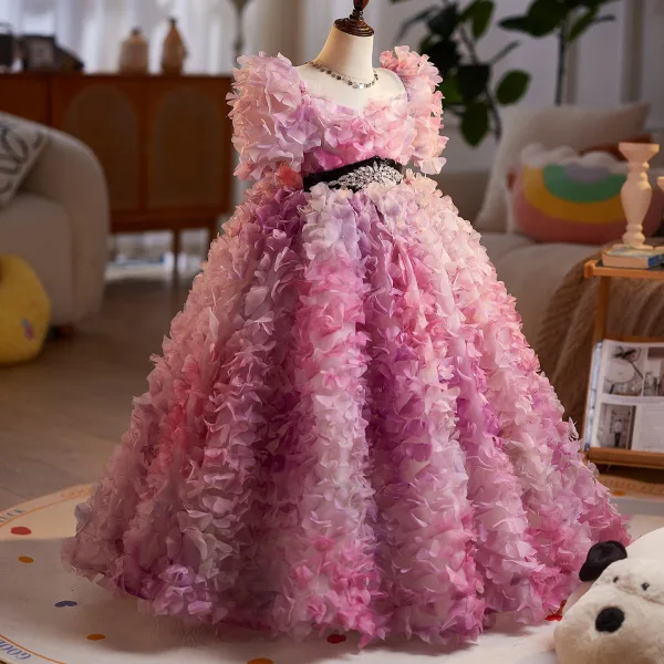 Flower Fairy Candy Pink Appliques Rhinestone Birthday Flower Girl Dresses 2025 Ball Gown Square Neckline Short Sleeve Backless Floor-Length / Long