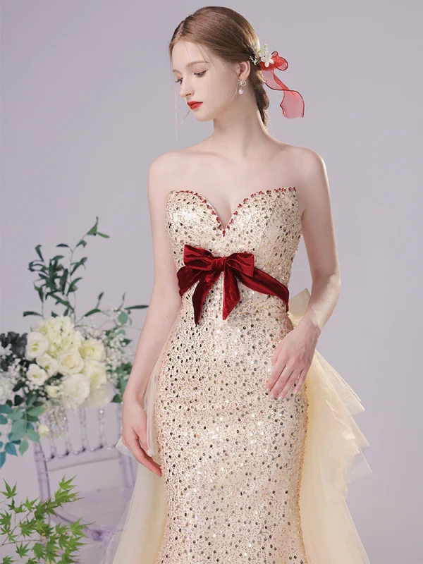 Sexy Champagne Sequins Evening Dresses 2023 Trumpet / Mermaid Strapless Bow Sleeveless Backless Floor-Length / Long Evening Party Formal Dresses