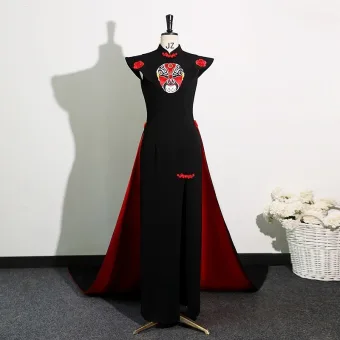 Chinese Style Black Evening Party Cheongsam Qipao 2025 Trumpet Mermaid High Neck Cap Sleeves Sweep Train
