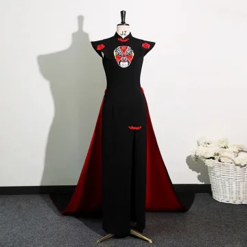 Chiński Styl Czarne Wieczorowe Cheongsam 2025 Syrena Rozkloszowane Wysokiej Szyi Rękawy Z Kapturkiem Trenem Sweep