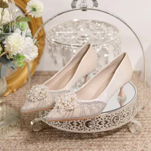 Charming Champagne Pearl Rhinestone Wedding Shoes 2023 5 Cm Stiletto Heels Pointed Toe Wedding Pumps High Heels