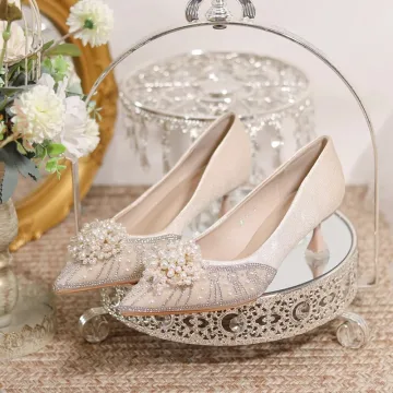 Charmant Champagne Parel Rhinestone Bruidsschoenen 2023 5 Cm Naaldhakken Stiletto Spitse Neus Huwelijk Pumps Hoge Hakken