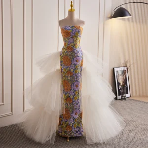 Vintage Retro Multi Colors Handmade Beading Sequins Lace Flower Evening Dresses 2023 Trumpet Mermaid Strapless Sleeveless Backless Floor Length Long Evening Party Formal Dresses