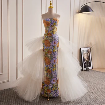 Vintage Originale Multi Couleurs Fait Main Perlage Paillettes En Dentelle Fleur Robe De Soirée 2023 Trompette Sirène Bustier Sans Manches Dos Nu Longue Soirée Robe De Ceremonie