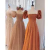 Vintage / Retro Brown Princess Prom Dresses 2021 Square Neckline Crossed Straps Floor-Length / Long Ruffle Tulle Satin Short Sleeve Formal Dresses