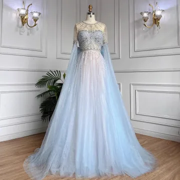Haut De Gamme Bleu Ciel Fait Main Perlage Paillettes Robe De Soirée 2023 Princesse Encolure Dégagée Manches Longues Noeud Soirée Train De Balayage Robe De Ceremonie