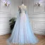 Haut de Gamme Bleu Ciel Fait main Perlage Paillettes Robe De Soirée 2023 Princesse Encolure Dégagée Manches Longues Noeud Soirée Train De Balayage Robe De Ceremonie