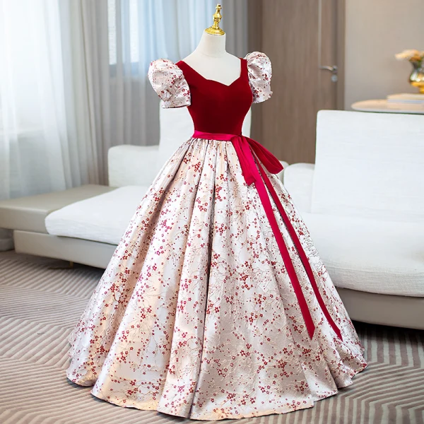 Elegant Navy Blue Embroidered Bow Sash Prom Dresses 2024 Ball Gown V-Neck Puffy Short Sleeve Floor-Length / Long Prom Formal Dresses