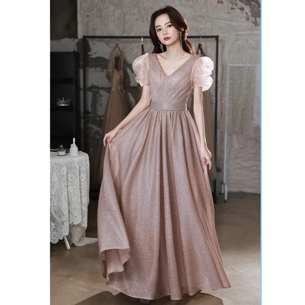 Chic / Belle Rose Sombre Glitter Robe De Bal 2022 Princesse V-Cou Gonflée Manches Courtes Dos Nu Longue Promo Robe De Ceremonie