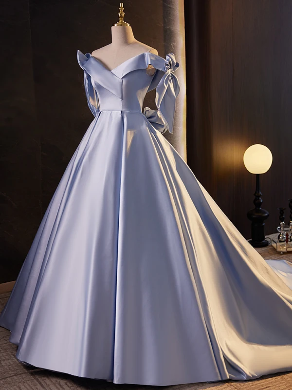 Vintage / Retro Lavender Satin Prom Dresses 2023 Off-The-Shoulder Sleeveless Backless Bow Court Train Formal Dresses
