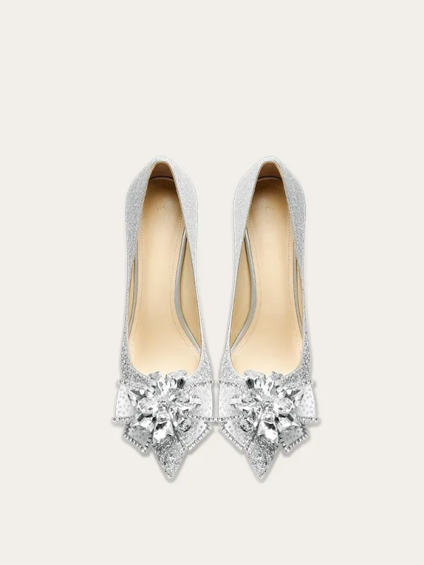 Glittrande Silver Kristall Paljetter Brudskor 2024 10 cm Stilettklackar Spetsiga Bröllop Pumps Högklackade