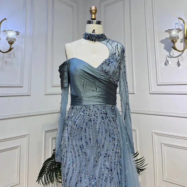 High End Blau Handgefertigt Perlenstickerei Pailletten Gespaltete Front Abendkleider 2024 Meerjungfrau Stehkragen Lange Ärmel Rückenfreies Lange Abend Festliche Kleider